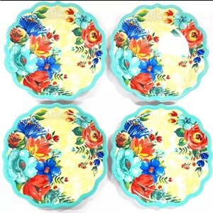 Four (4) Pioneer Woman Delaney /Teal/10.7" Dia Melamine Dinner Plates Floral NWT